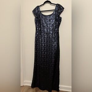 Kay Unger Navy Blue Sequin Formal Gown | Cap Sleeve | Scoop Neck | Sz 16 | A06